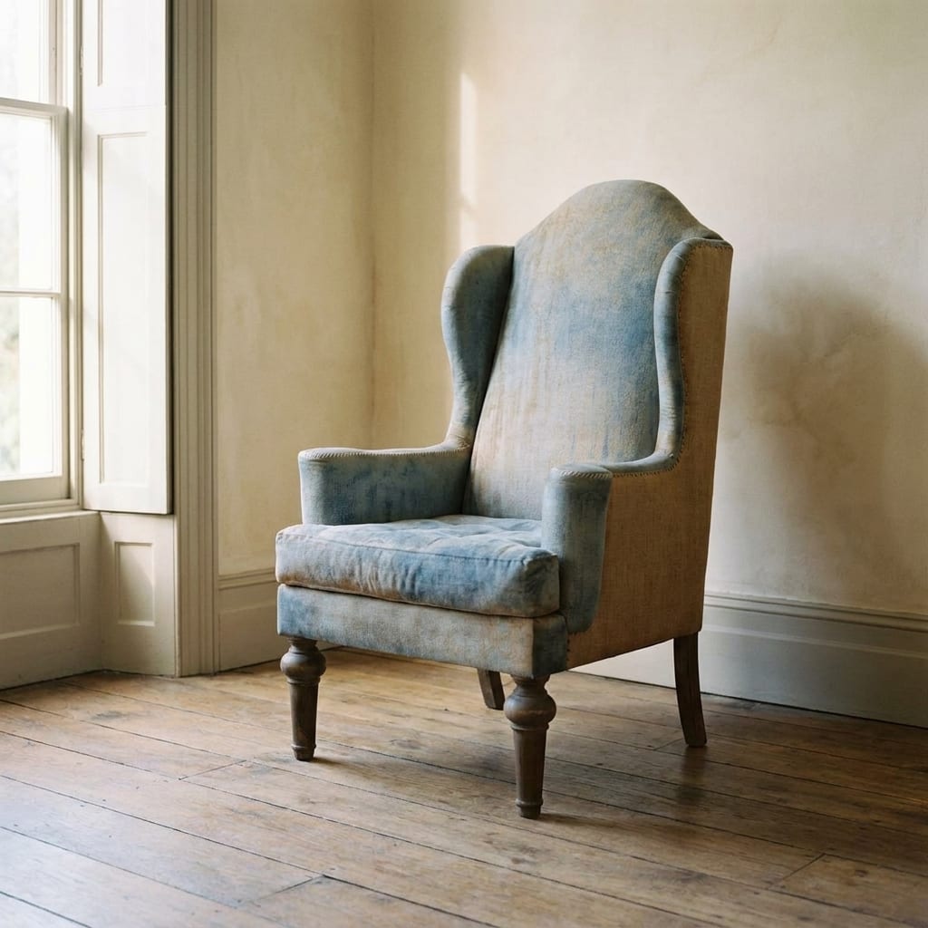 AI lifestyle render: Pale blue velvet wingback chair near a window.