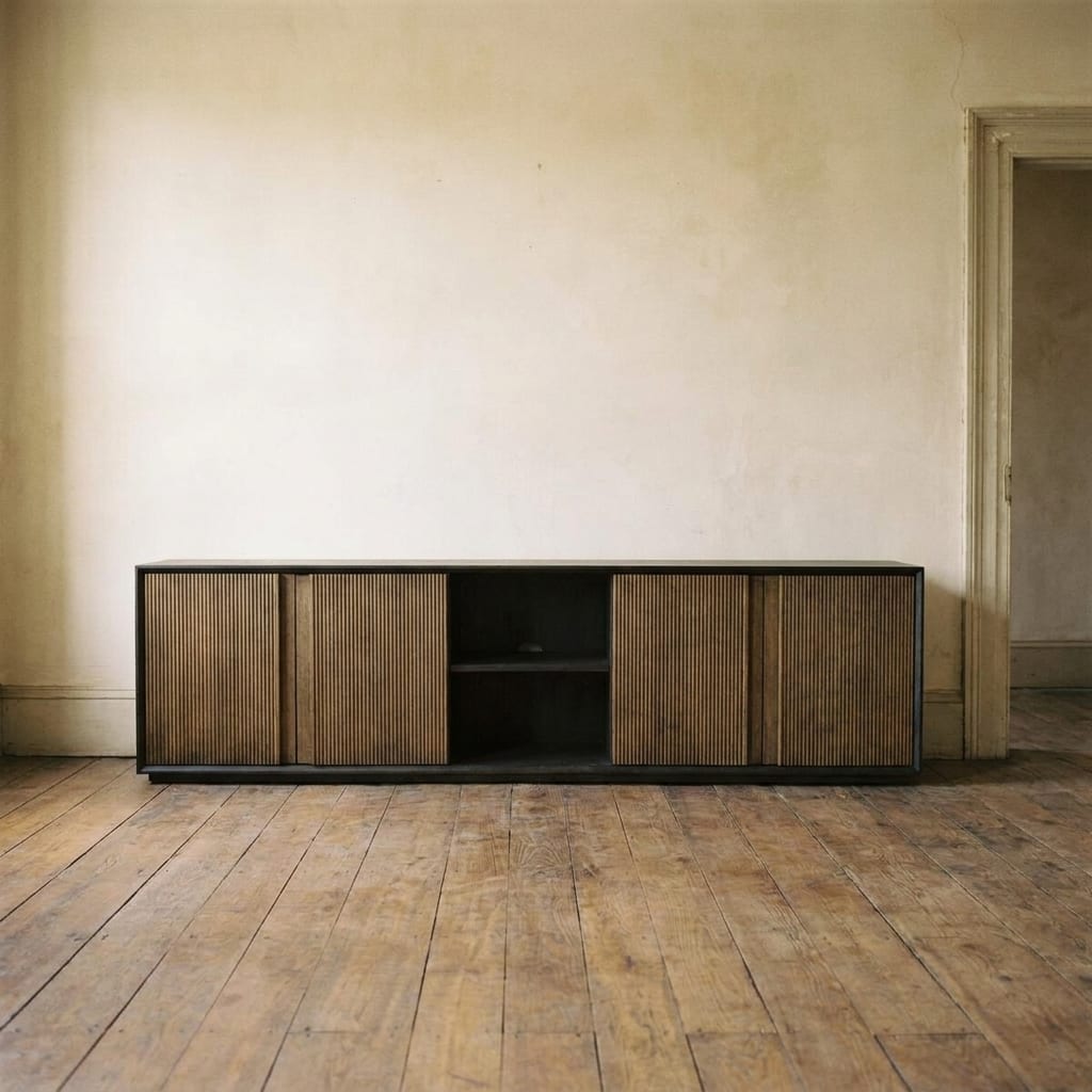 AI lifestyle render: Long dark oak media console against an aged plaster wall, doorway visible at right.