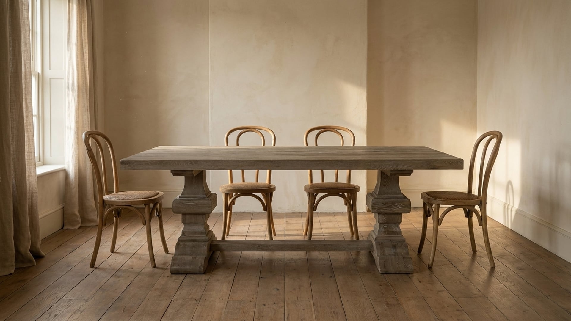 A pedestal dining table with bentwood chairs in a warm-lit room with aged plaster walls and wide-plank oak floors. AI-rendered for Emma Grace Home.