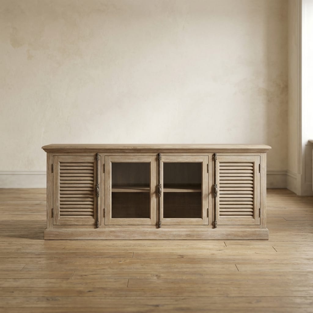 AI lifestyle render: Louvered washed-oak media console against plaster wall.