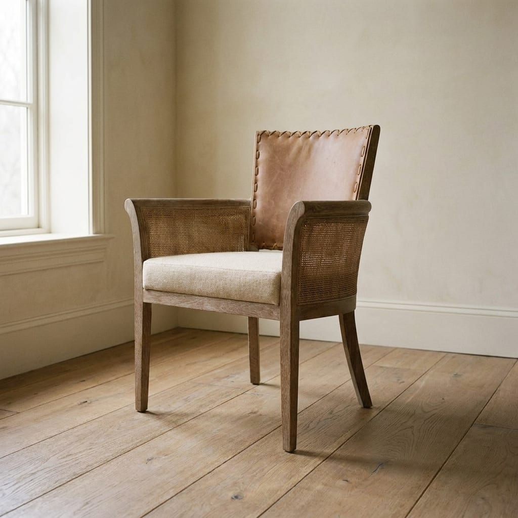 AI lifestyle render: Caramel leather armchair with linen seat and woven cane sides.