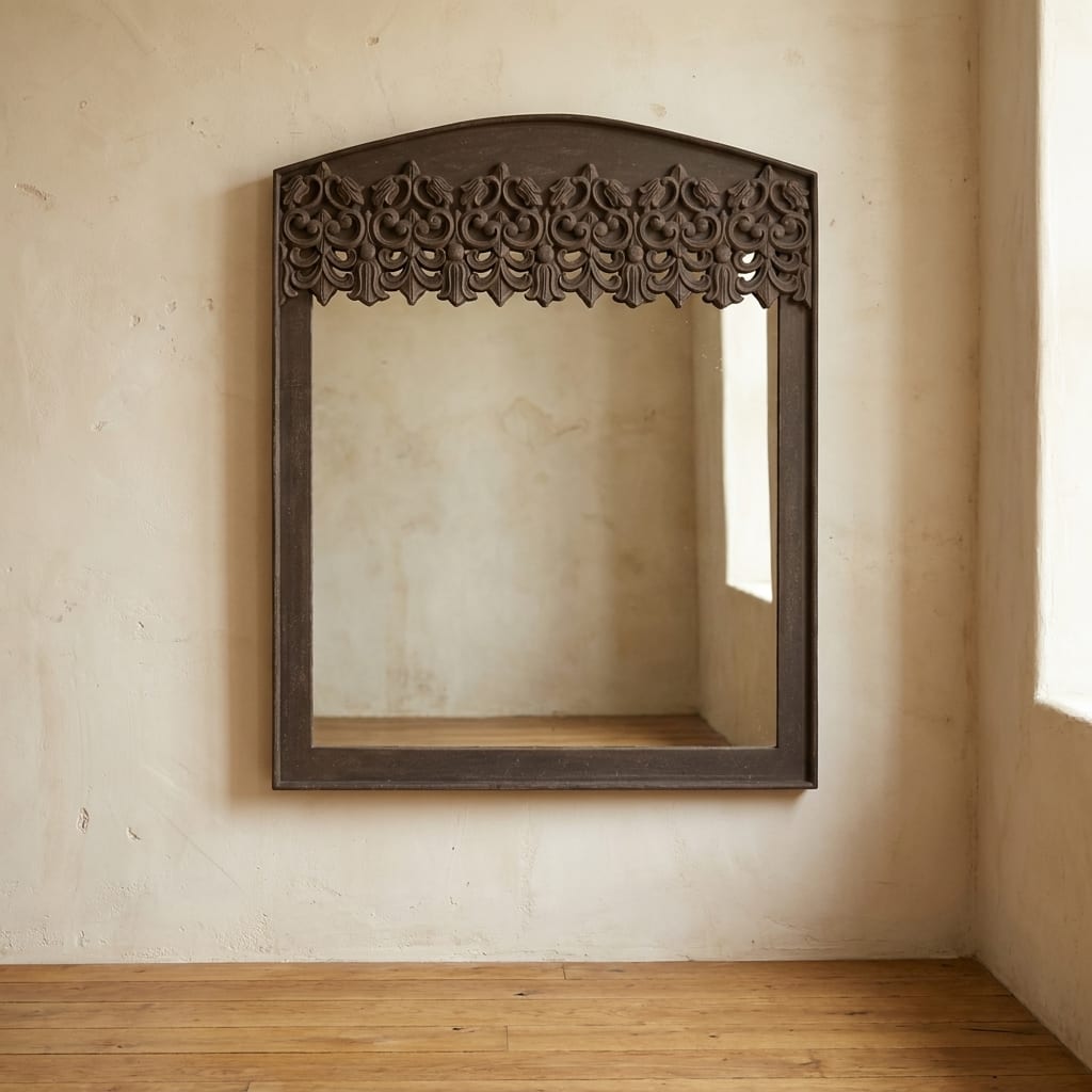 AI lifestyle render: Carved dark-wood arched wall mirror.