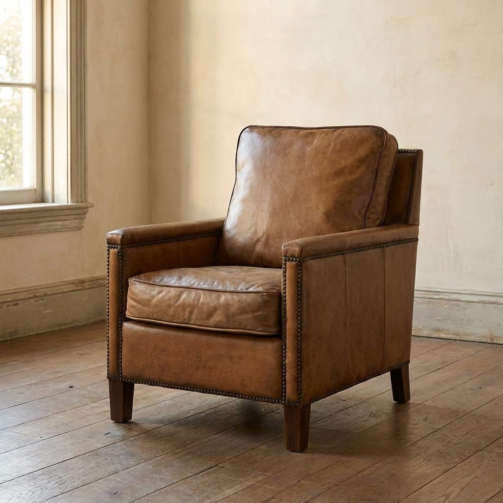 AI lifestyle render: Caramel buffalo leather club chair on wide oak plank floor.