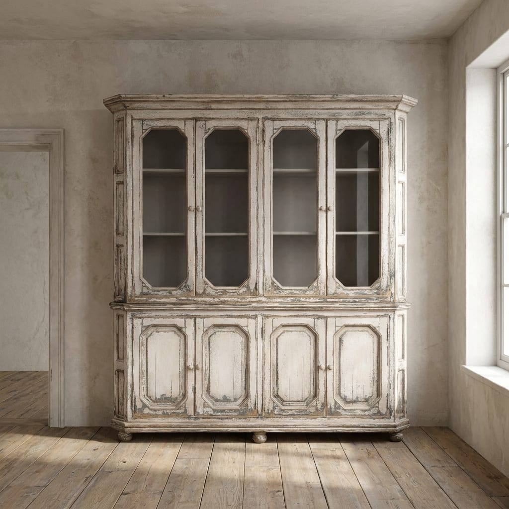 AI lifestyle render: Distressed white glass-panel china cabinet, window light from right.