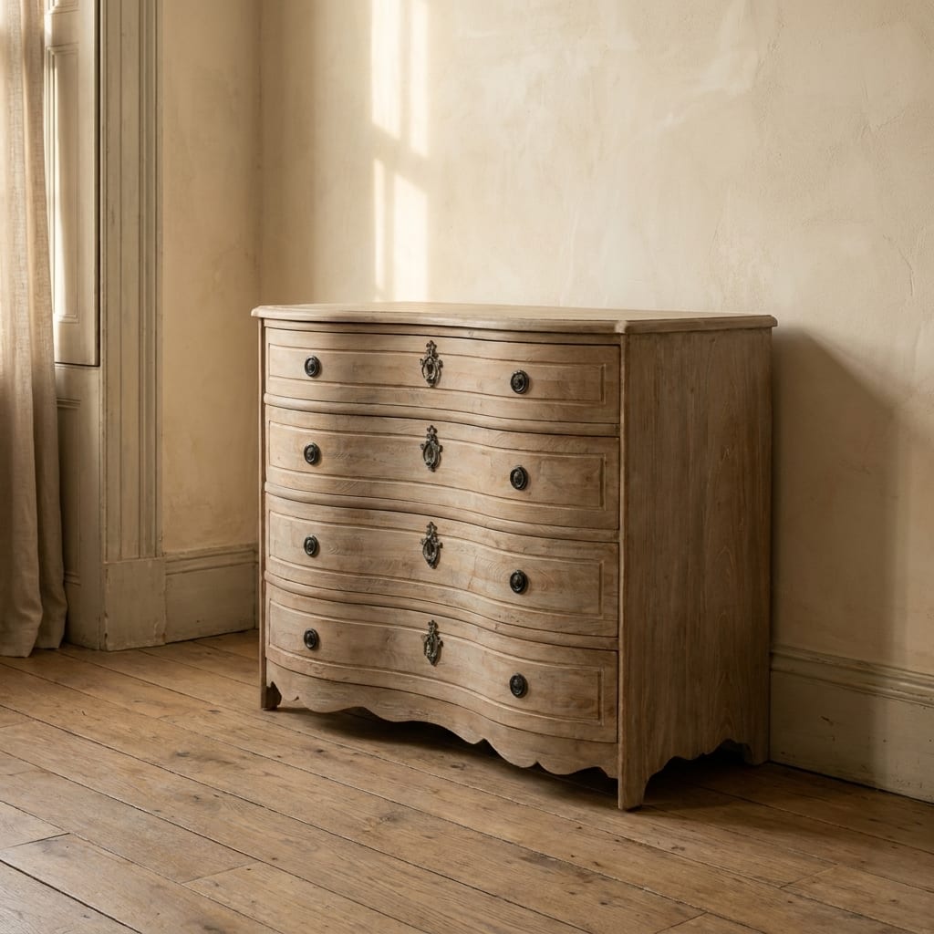 AI lifestyle render: Serpentine-front four-drawer chest with soft drapery.