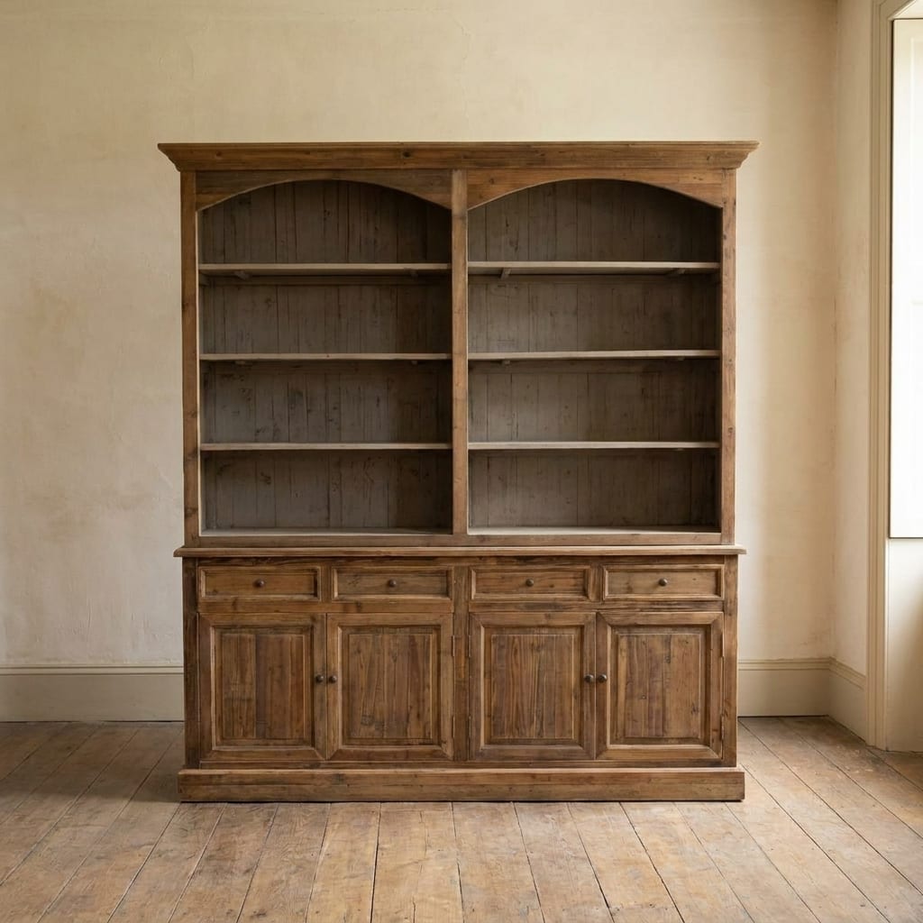 AI lifestyle render: Massive double-arched bookcase in reclaimed pine.