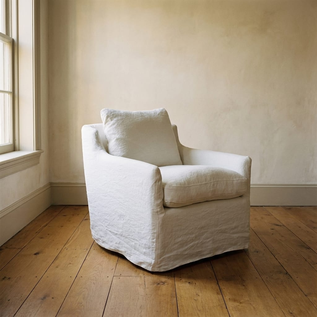AI lifestyle render: Ecru slipcovered swivel chair on oak floor.