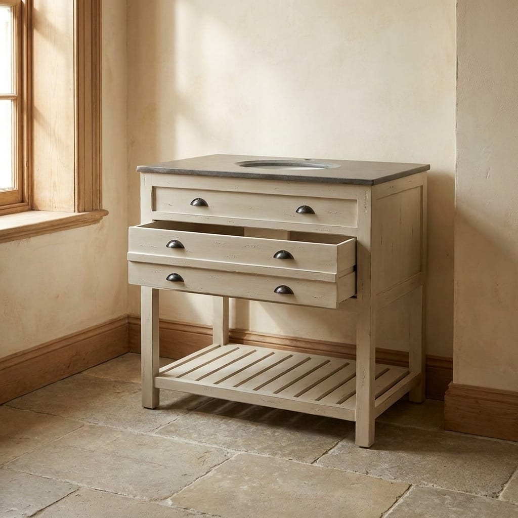AI lifestyle render: Painted bathroom vanity on stone floor.