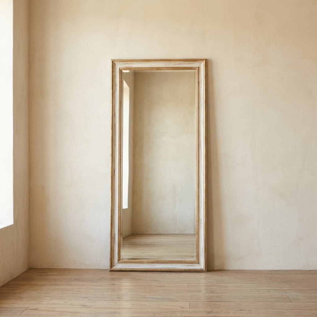 AI lifestyle render: Full-length leaning oak floor mirror.