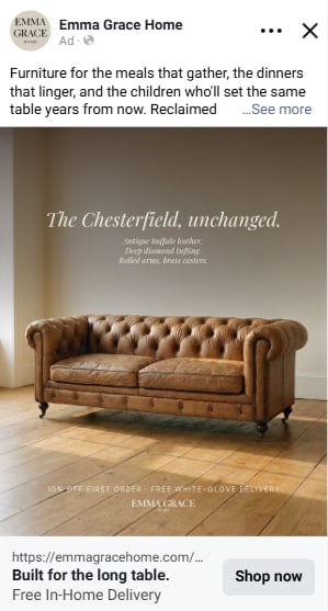 Live Emma Grace Home Meta ad: antique buffalo leather Chesterfield sofa on wide oak plank floor, headline 'The Chesterfield, unchanged.'
