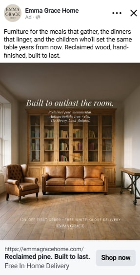 Live Emma Grace Home Meta ad: caramel leather sofa beside a reclaimed pine bookcase, headline 'Built to outlast the room.'