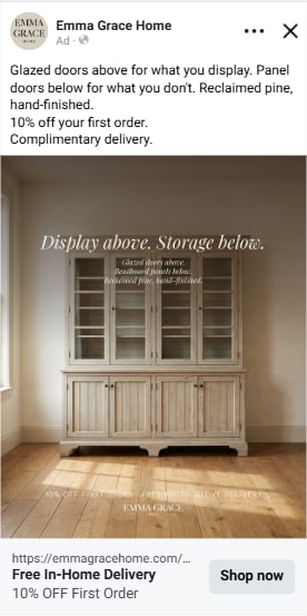 Live Emma Grace Home Meta ad: distressed white glass-panel cabinet, headline 'Display above. Storage below.'